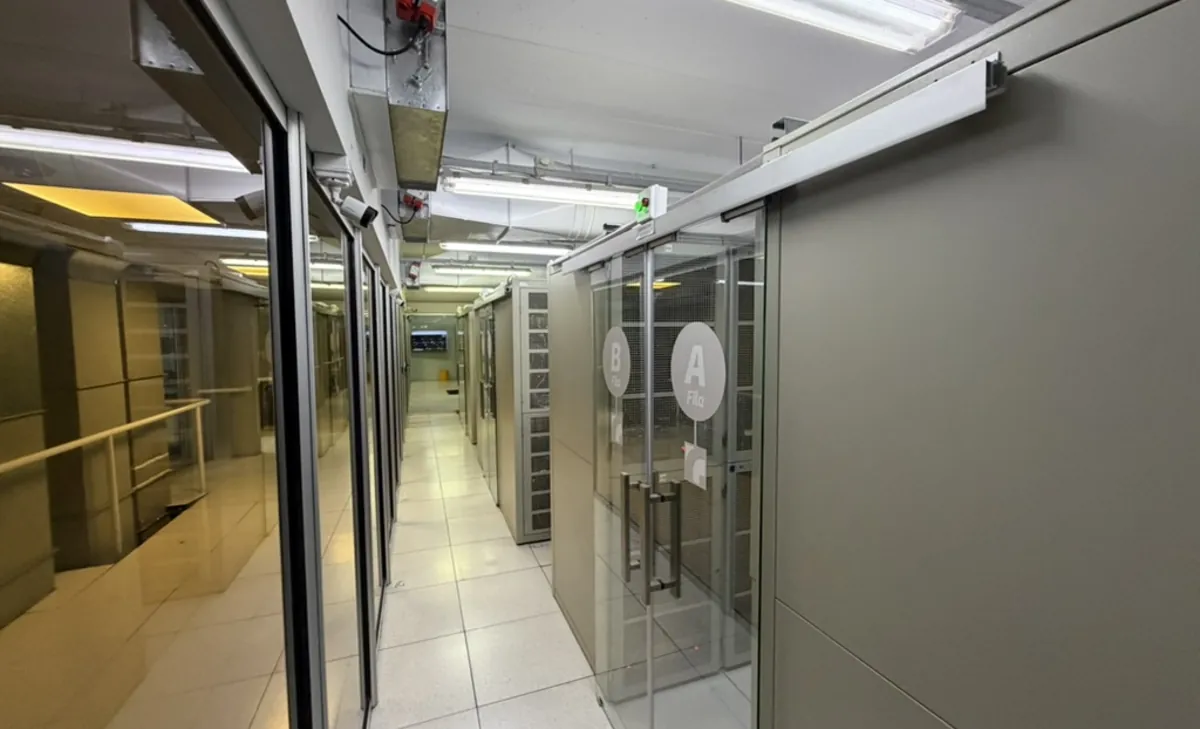 Data room aisle with private cages for rows A and B